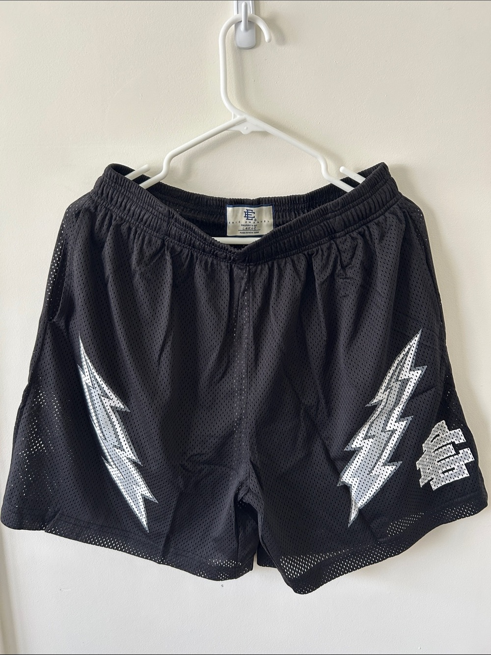Eric Emanuel Black Mesh Shorts with White Lightning